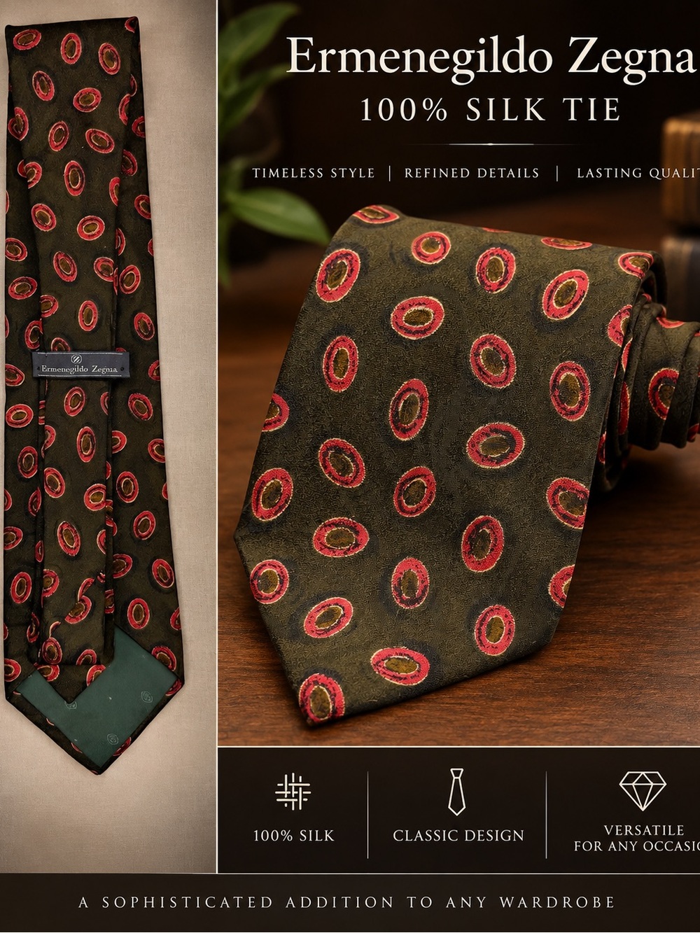 Ermenegildo Zegna Olive Silk Tie with Red and Gold Ring Motif
